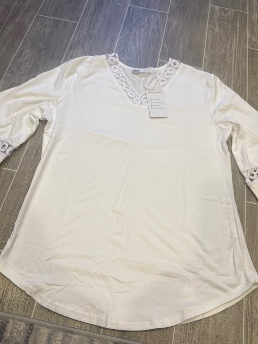 Women's White Lace-Trim Long Sleeve V-Neck Top